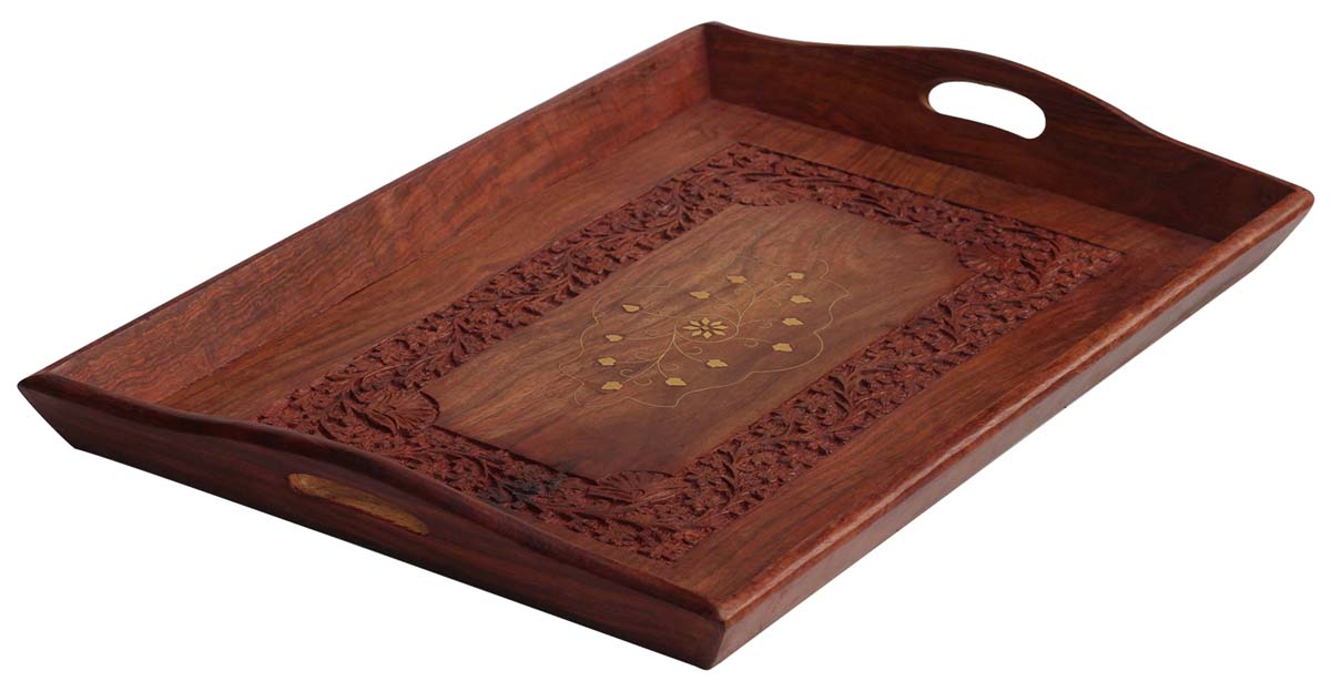 Serving Trays Wholesale – Rectangular 19.2" Tray – Handmade in Sheesham – Lattice Carved Floral & Leafy Motifs – Brass Inlay – Kitchen Accessories