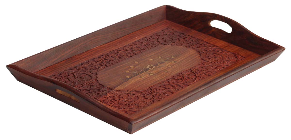 Serving Trays Wholesale – Rectangular 13.3" Tray – Handmade in Sheesham – Lattice Carved Floral & Leafy Motifs – Brass Inlay – Kitchen Accessories