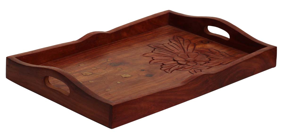 Serving Trays Wholesale – 16.2" Handmade Wooden Tray – Rectangular – Carved Floral & Leafy Motifs & Brass Inlay – Kitchen Accessories