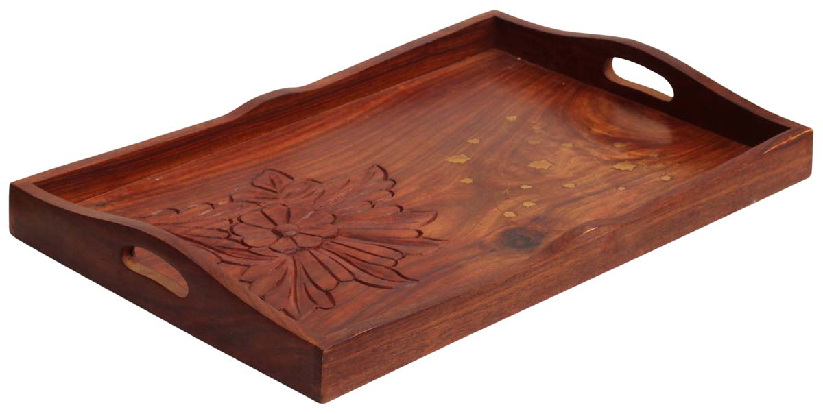 Serving Trays Wholesale – 16" Handmade Wooden Tray – Rectangular – Carved Floral & Leafy Motifs & Brass Inlay – Kitchen Accessories