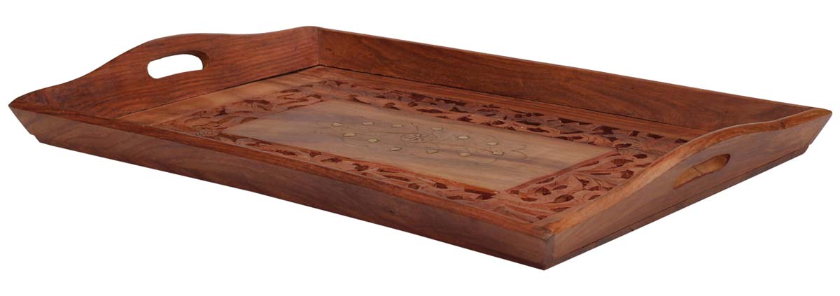 Serving Trays Wholesale – 16.2" Handmade Wooden Tray – Rectangular – Lattice Carved Floral & Leafy Motifs & Brass Inlay – Kitchen Accessories