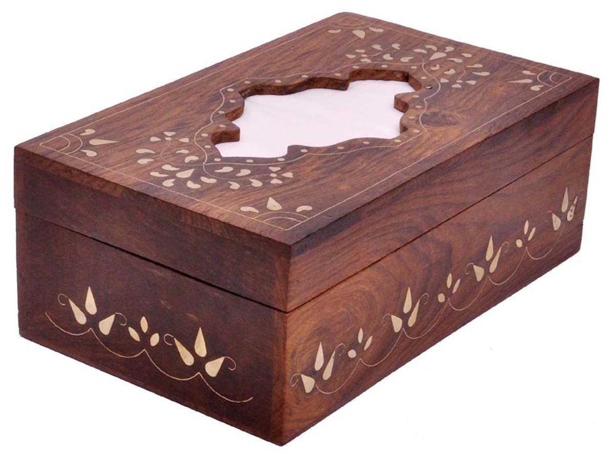 Buy in Bulk Wholesale Handmade 10” Wooden Rectangular Tissue Holder Box/ Dispenser with Brass Inlays - For Kleenex Boxes