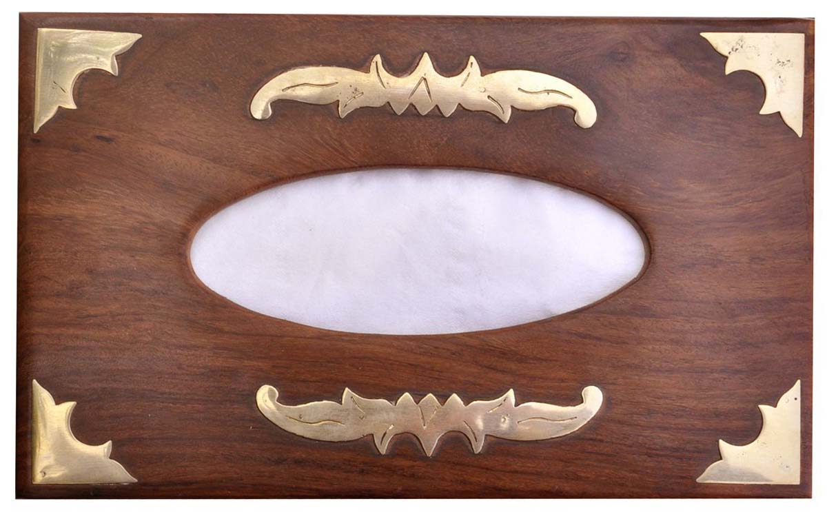 Buy in Bulk Wholesale - Wooden Rectangular Tissue Box Cover with Brass Decorations Handmade 10 Inch Large For Kleenex Boxes - Dining Table Accessories