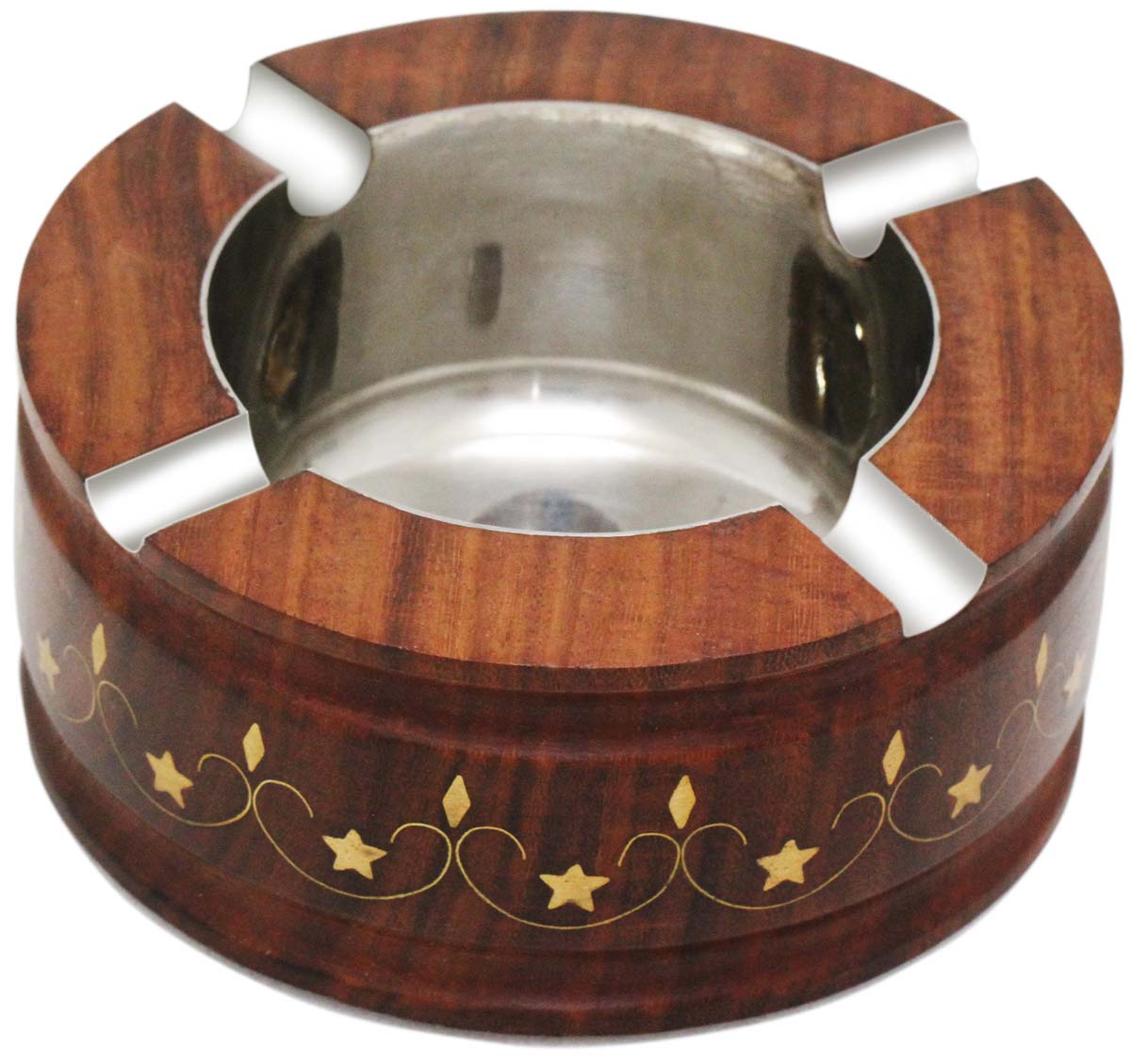 Buy in Bulk Wholesale Ashtray in Wood Handmade 4.5” Antique-Look with Brass Inlays and 4 Slots