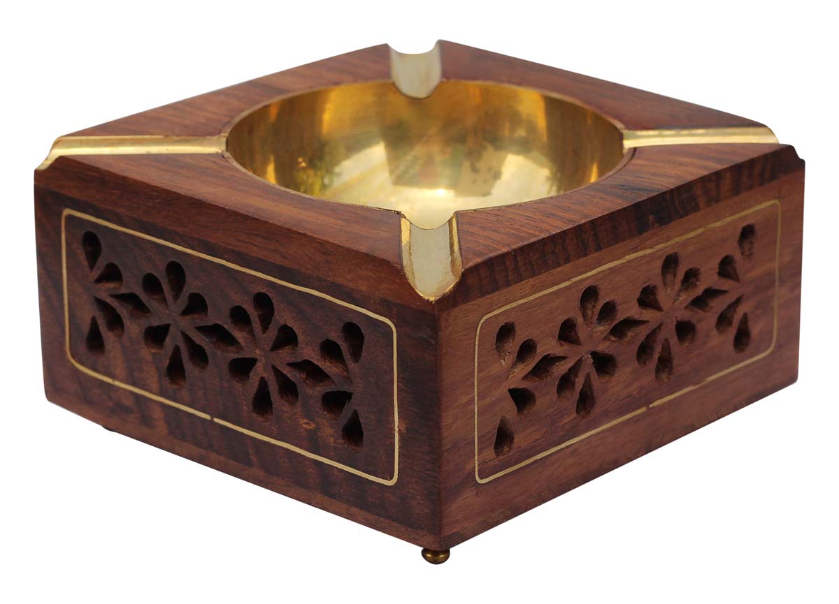 Buy Bulk Wholesale Wooden Ashtray with 4 Cigarette Slots & Steel Receptacle Bowl - Hand Carved Open-Work Art and Small Star Motifs Brass Inlay - Gifts for Smokers/Office Table Decor