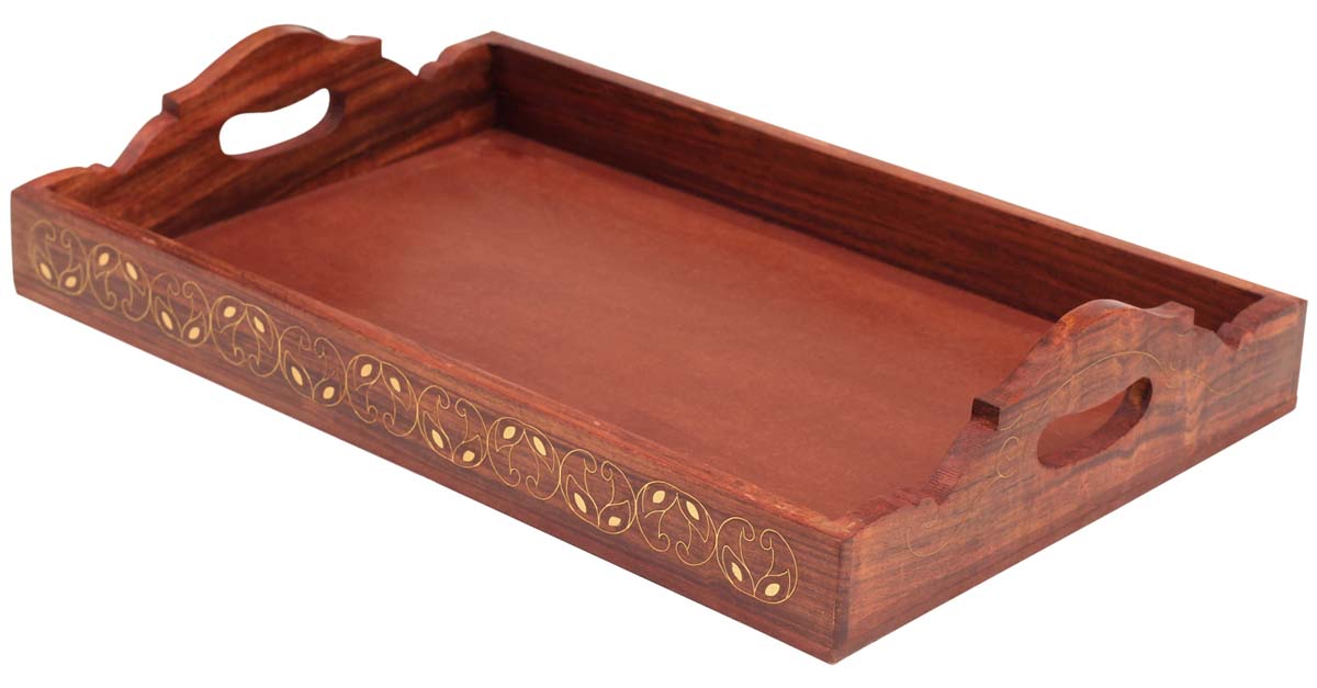 Buy in Bulk Wholesale ”Serve In Style” Handmade 17x11 Inch Wooden Serving Tray Decorated with Brass Inlay - Kitchen/Dining Table Essentials