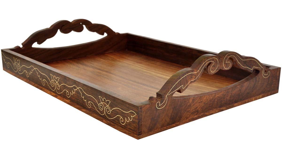 Wholesale Wooden Serving Tray 15x11 Inch - Hand Carved & Brass Inlay - Buy Bulk Wooden Decorative Coffee Tea Table Tray - Kitchen/Table Top Essentials