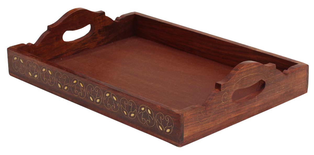 Buy in Bulk Wholesale Wooden Serving Tray - Handmade “Serve In Style” 11 X 15 Inch Decorated with Brass Inlay - Kitchen/Dining Table Essentials