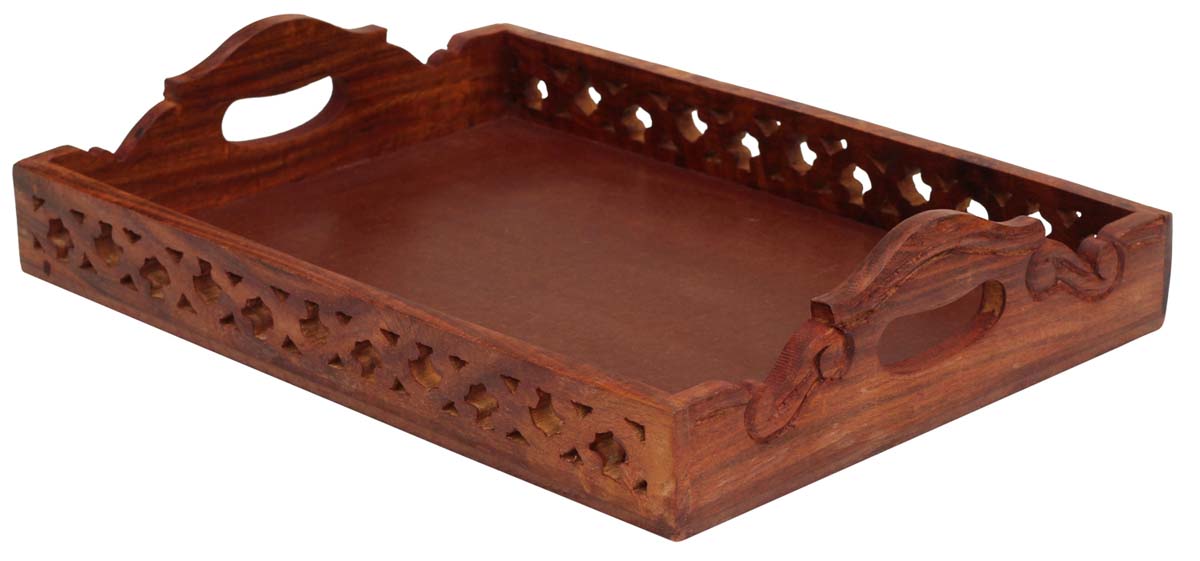 Grand Servings - Wooden Serving Tray Handmade 15 x 11 Inch Decorated with Latticework - Kitchen & Dining Accessories - Buy in Bulk Wholesale
