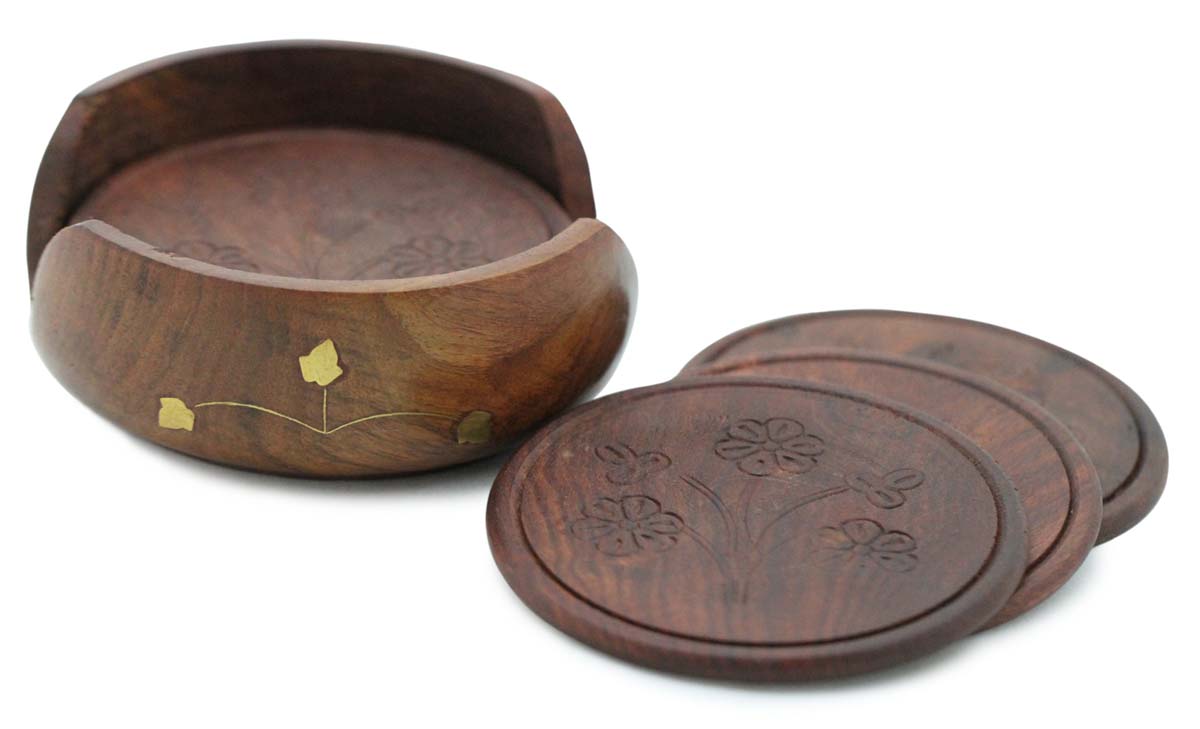 Buy in Bulk Wholesale Set of 6 Round Coasters & Holder Handmade Wooden with Motifs in Retro-Look