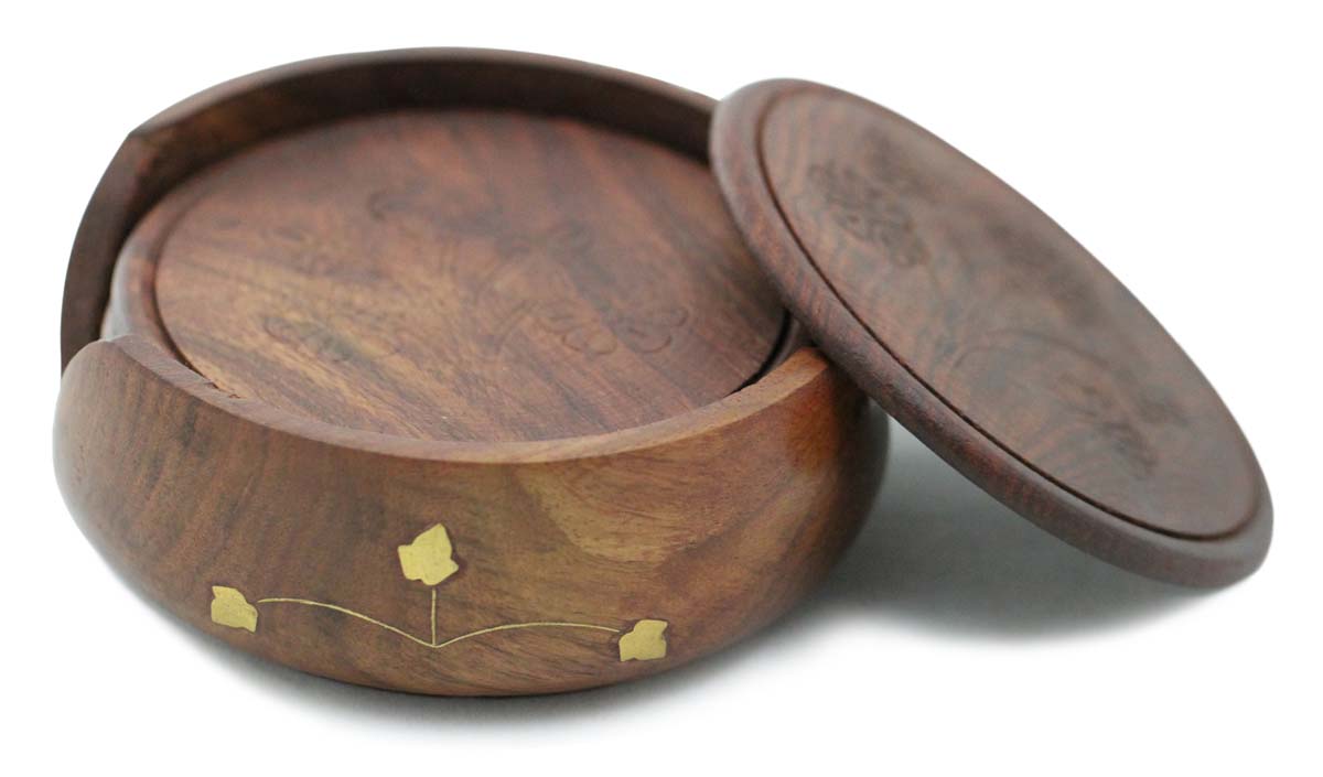 Buy in Bulk Wholesale Set of 6 Round Coasters & Holder Handmade Wooden with Motifs in Retro-Look