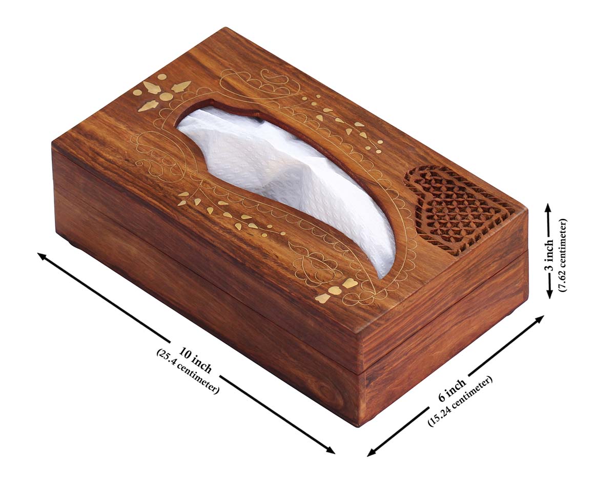 Buy in Bulk Wholesale - Tissue/Napkin Holder Box Hand-Carved 10x6" Wood with Jali Work and Brass Inlays - For Kleenex Box