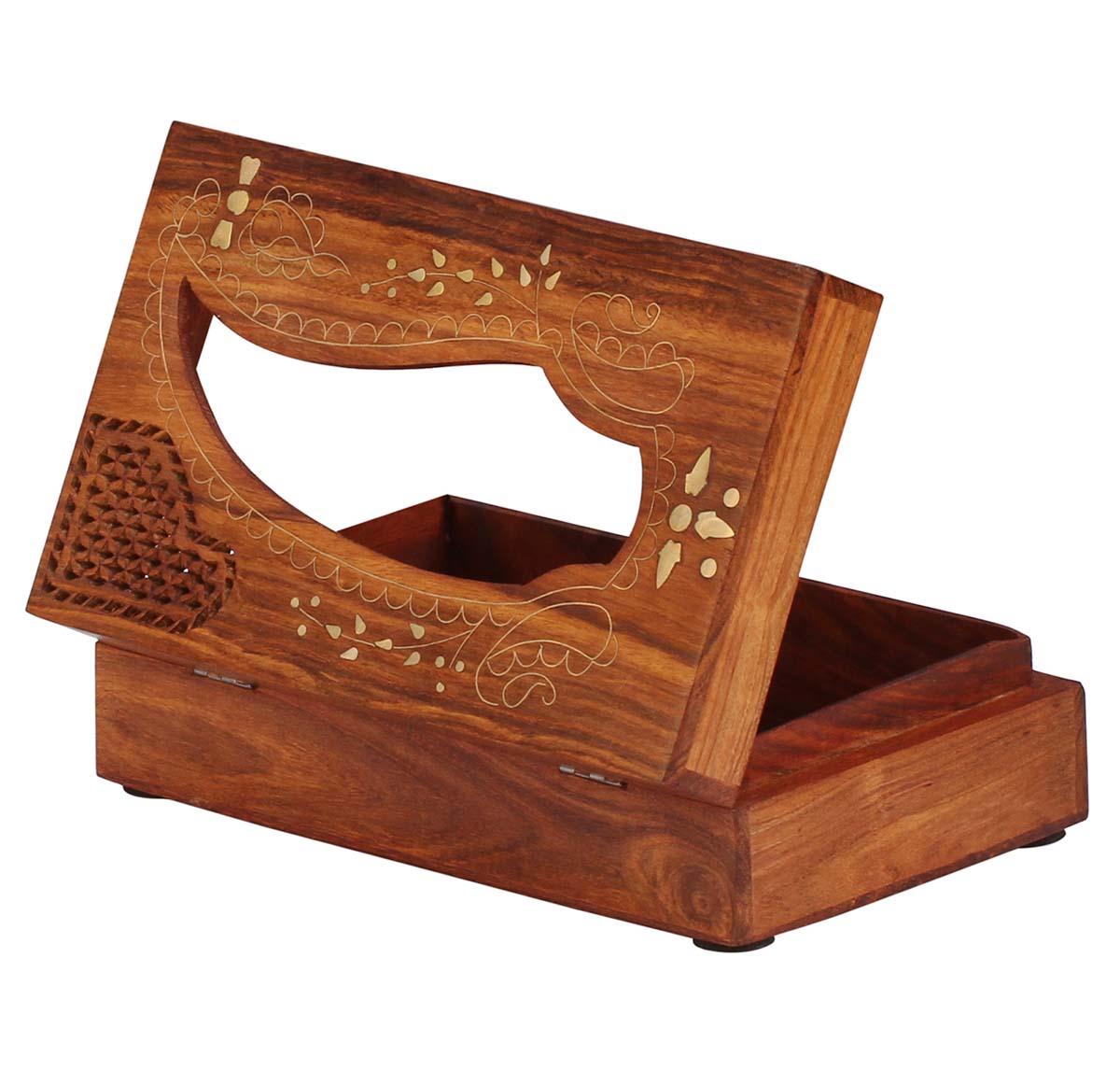 Buy in Bulk Wholesale - Tissue/Napkin Holder Box Hand-Carved 10x6" Wood with Jali Work and Brass Inlays - For Kleenex Box
