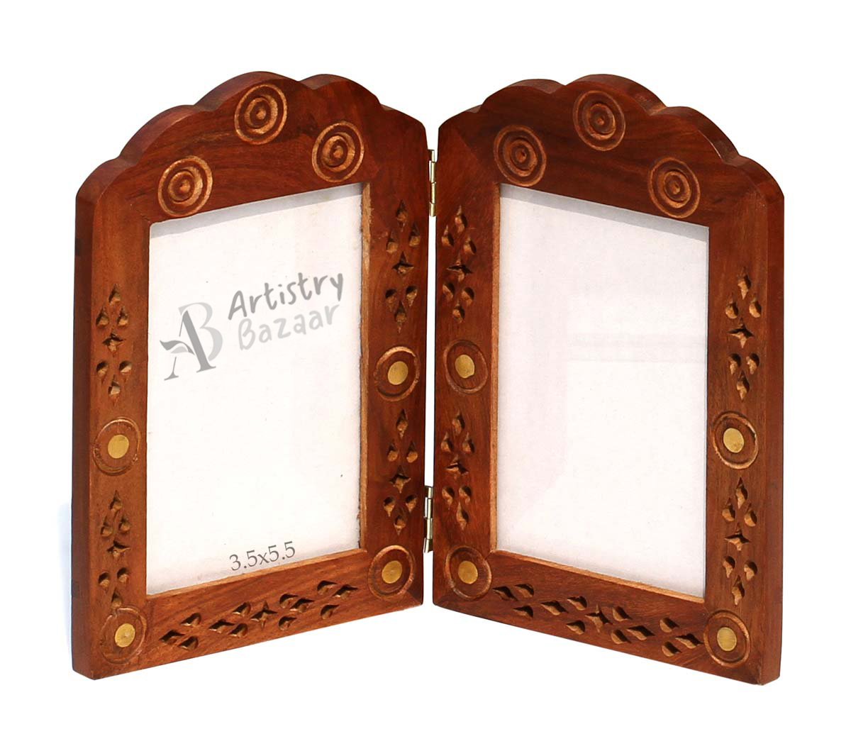 Wholesale Vertical Double Wooden Photo Frame With Hinges - Vintage Look Hand Carved Detail Open-Work Art & Brass Inlay - Bulk Buy Picture Frames from India