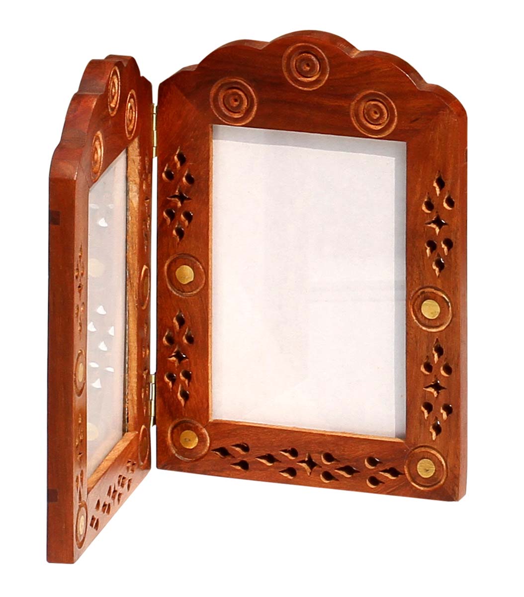Wholesale Vertical Double Wooden Photo Frame With Hinges - Vintage Look Hand Carved Detail Open-Work Art & Brass Inlay - Bulk Buy Picture Frames from India