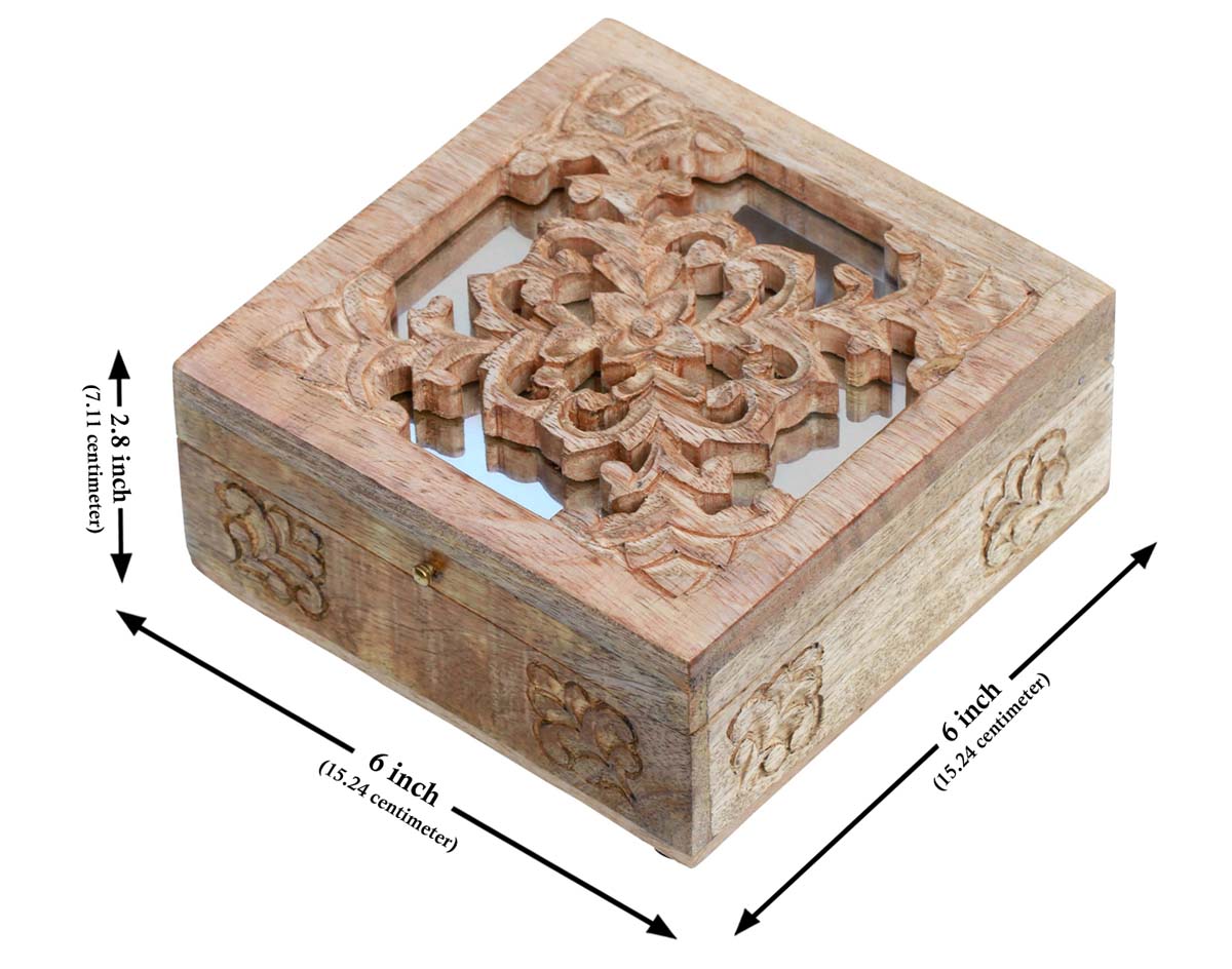 Buy Bulk Wholesale 6” Wooden Jewelry Box - Hand Carved Decorative Floral Motifs - Natural Unfinished Look Keepsake Box/Trinket Box With Mirror - Handmade Gifts From India