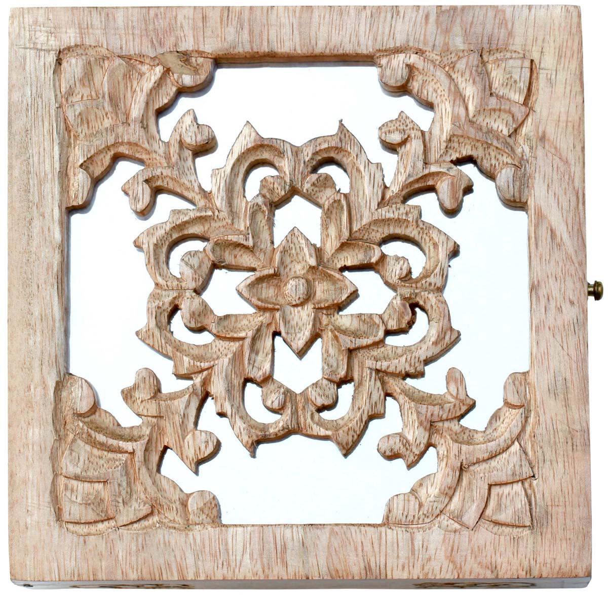Buy Bulk Wholesale 6” Wooden Jewelry Box - Hand Carved Decorative Floral Motifs - Natural Unfinished Look Keepsake Box/Trinket Box With Mirror - Handmade Gifts From India