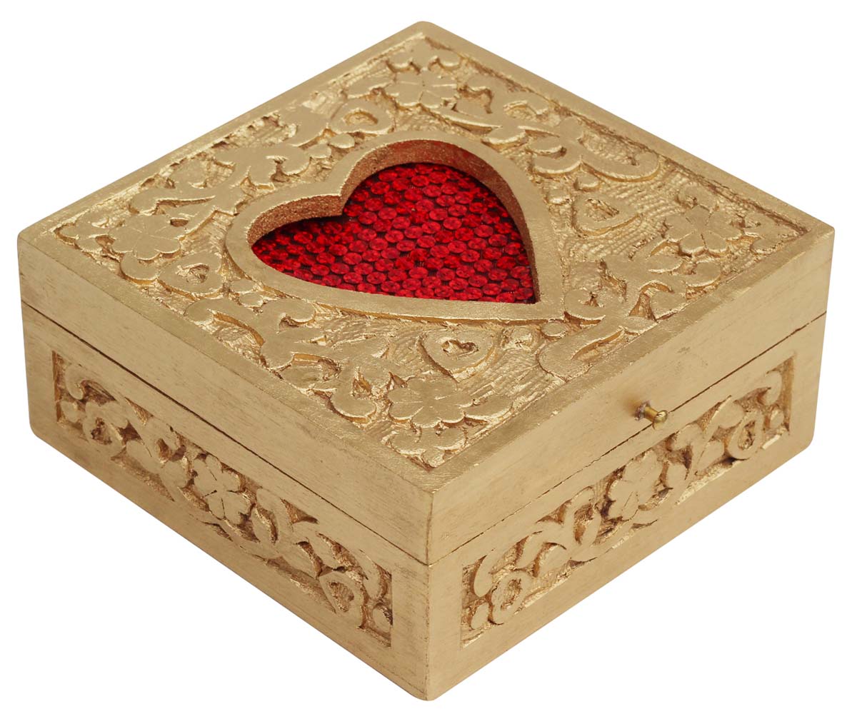Wholesale Wooden Jewelry Box - Bulk Buy 6” Jewelry Box/Trinket Box with Red Sequin-Work in Heart-Shape from India