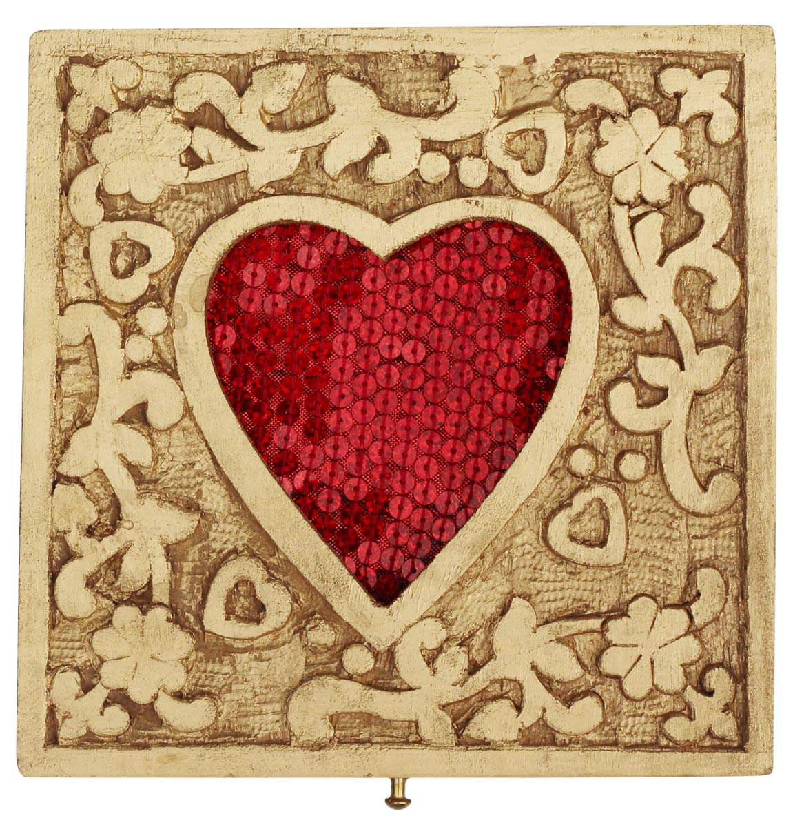 Wholesale Wooden Jewelry Box - Bulk Buy 6” Jewelry Box/Trinket Box with Red Sequin-Work in Heart-Shape from India