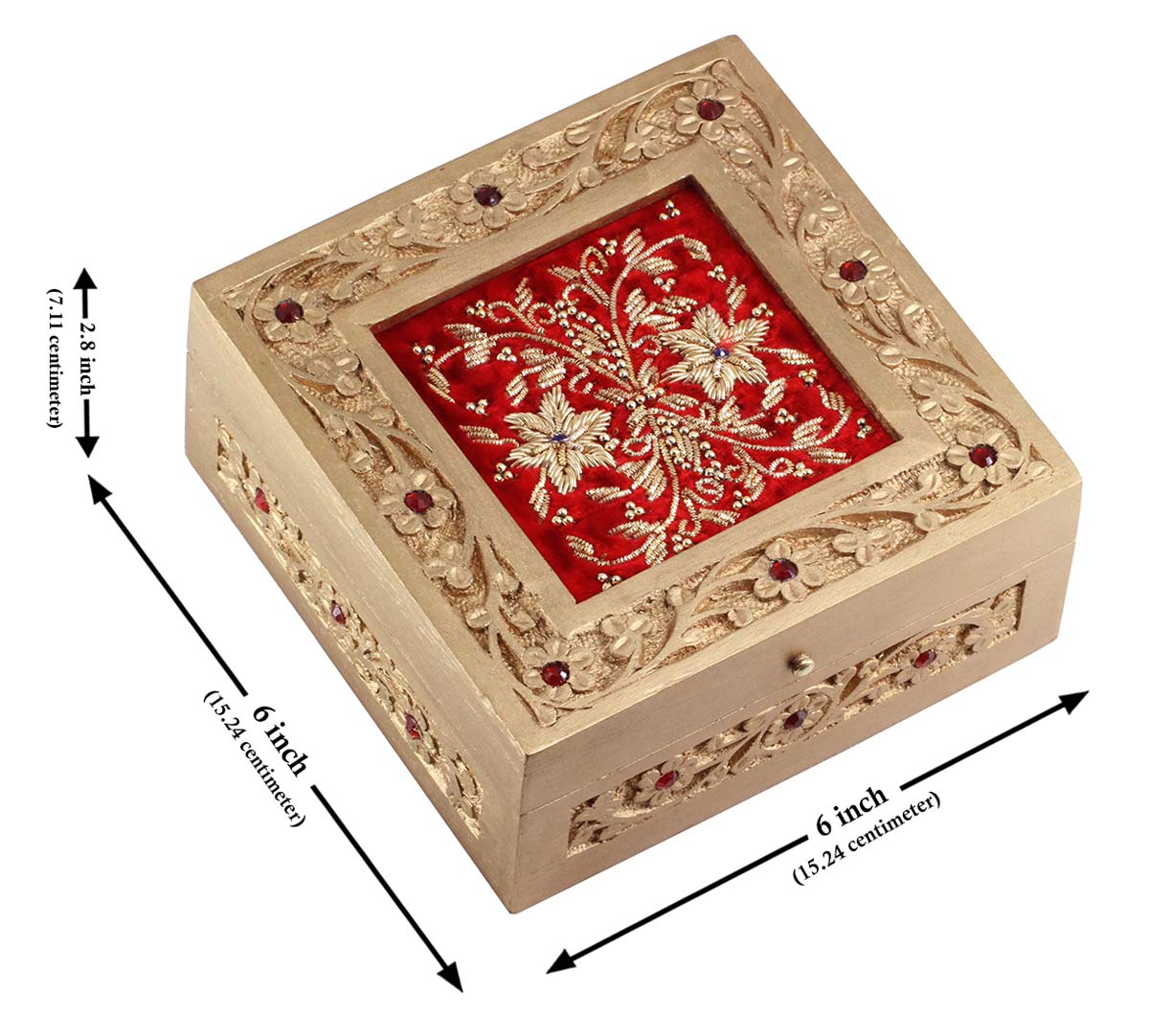 Bulk Wholesale Decorative Handmade Wooden Jewelry Box - Hand Painted Golden Color With Carved Floral Motifs & Golden Zari/Zardoszi Work On Red Velvet - Buy Handmade Gifts from India