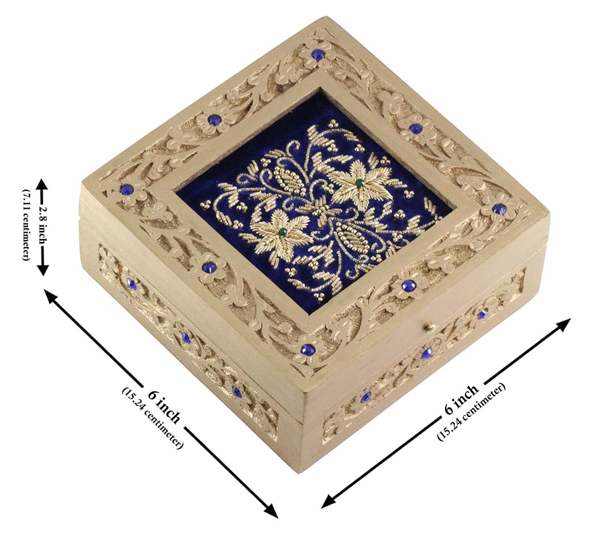 Bulk Wholesale Decorative Handmade Wooden Jewelry Box - Hand Painted Golden Color With Carved Floral Motifs & Golden Zari/Zardoszi Work On Royal-Blue Velvet - Buy Handmade Gifts from India