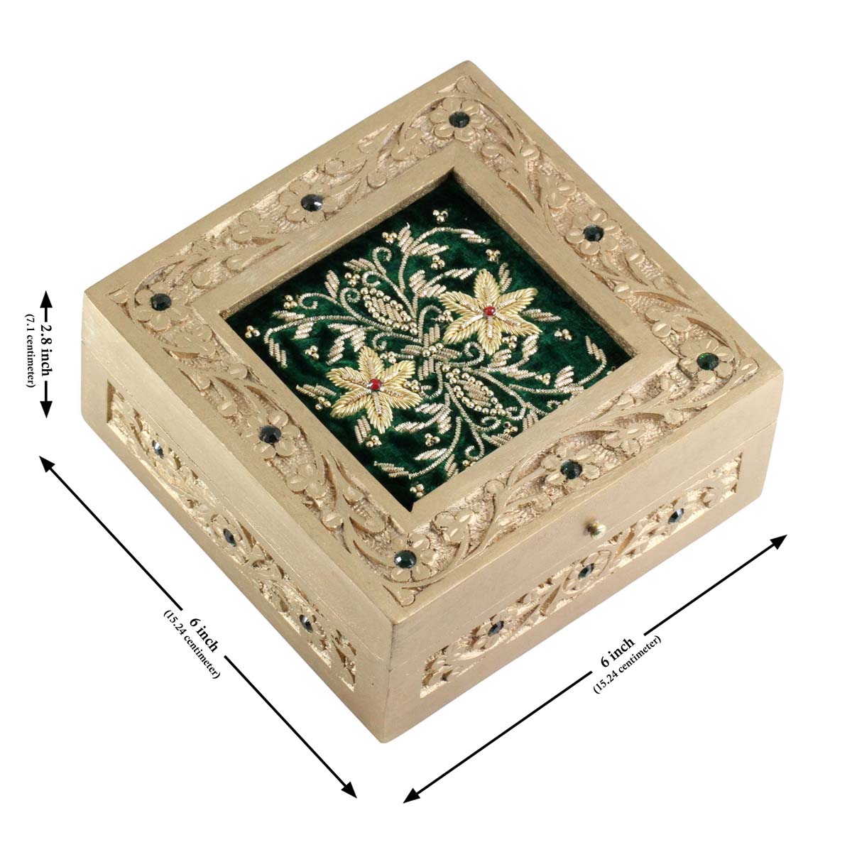 Decorative Handmade Wooden Jewelry Box - Hand Painted Golden Color With Carved Floral Motifs & Golden Zari/Zardoszi Work On Emerald Velvet - Buy Bulk Wholesale Ethnic-look Gifts from India