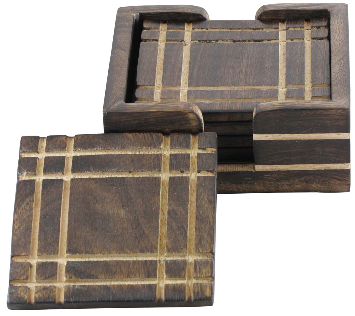 Buy in Bulk Wholesale Drink Coasters Set of 4 With A Holder Handmade Square in Wood - Home/Office Decor