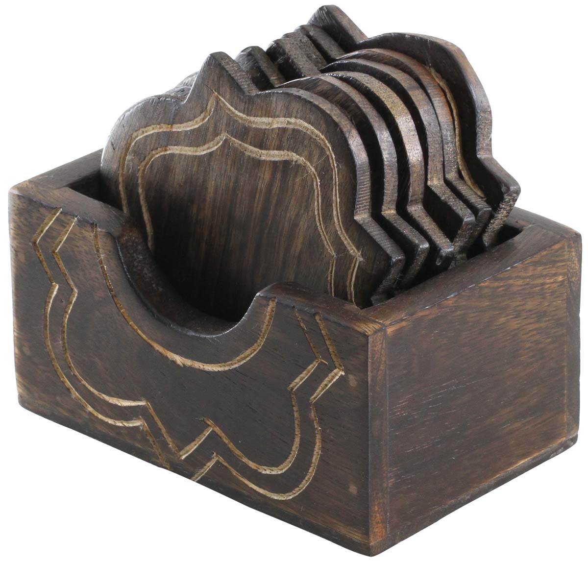 Buy in Bulk Wholesale Drink Coasters Rustic-Look Handmade Set of 6 with a Holder in Wood - Dining Accessories