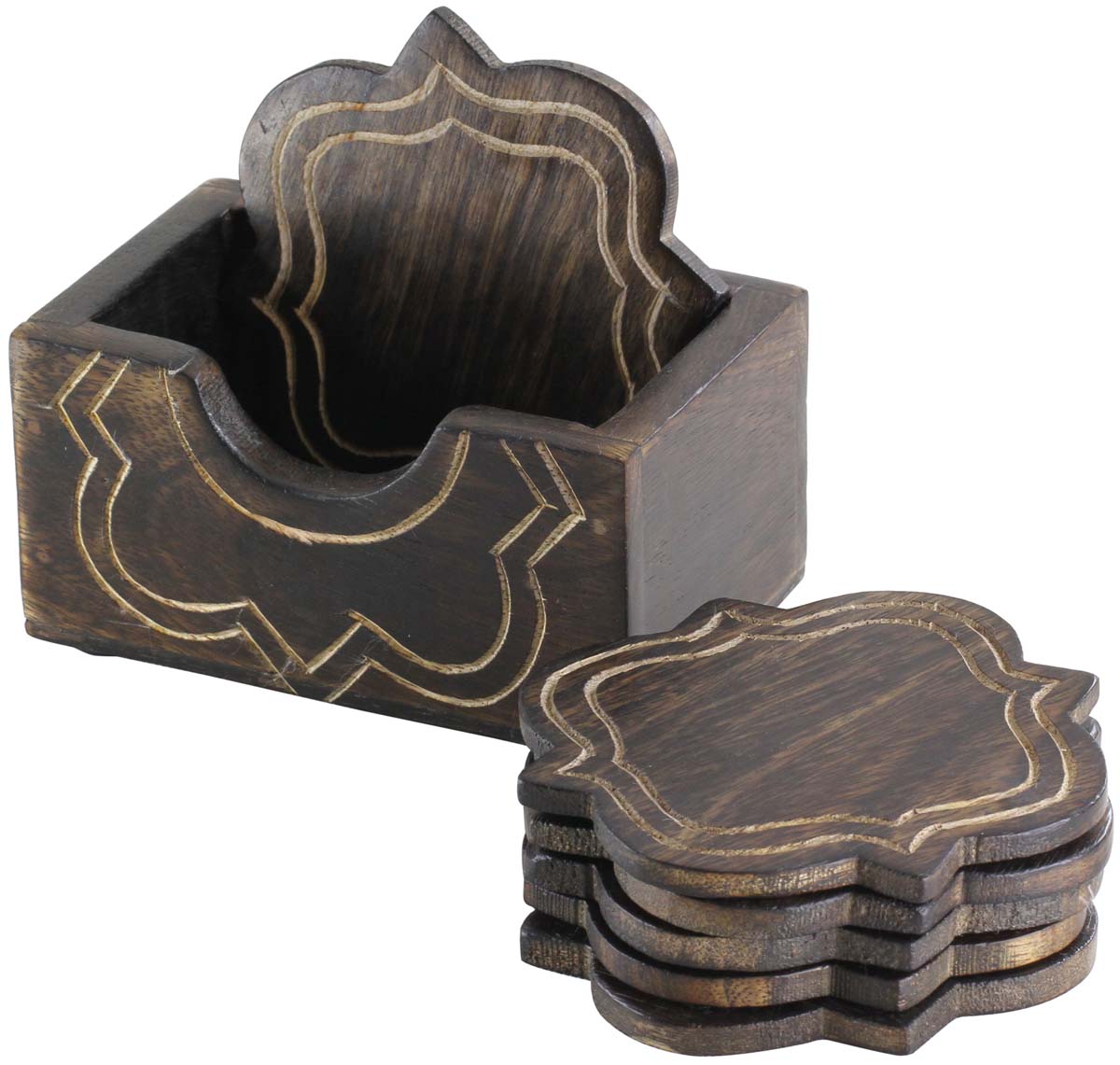 Buy in Bulk Wholesale Drink Coasters Rustic-Look Handmade Set of 6 with a Holder in Wood - Dining Accessories