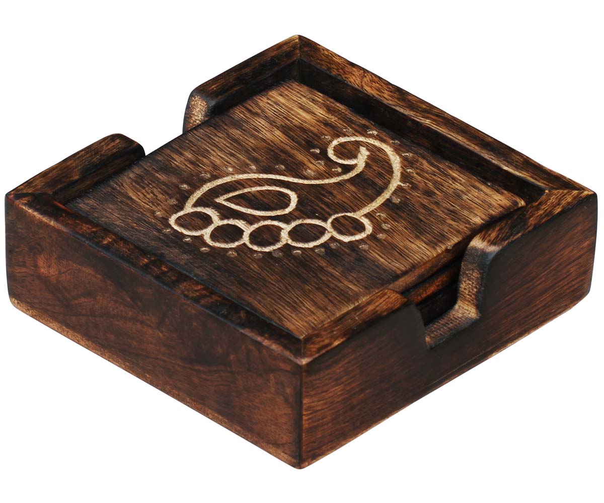 Buy in Bulk Wholesale Wooden Coaster with a Holder Set (of 4) Handmade 4" Brown Wood Traditional Patterns