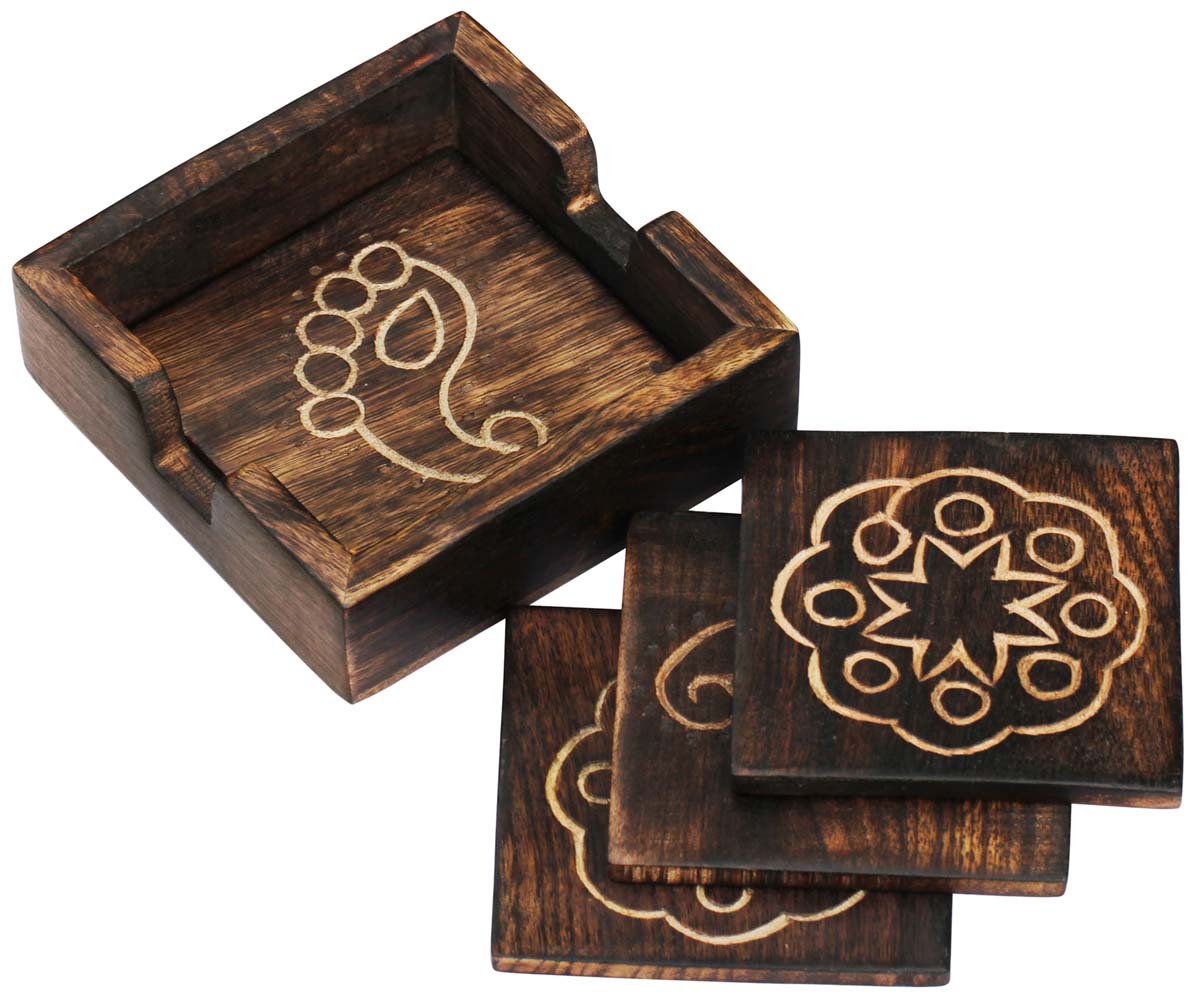 Buy in Bulk Wholesale Wooden Coaster with a Holder Set (of 4) Handmade 4" Brown Wood Traditional Patterns