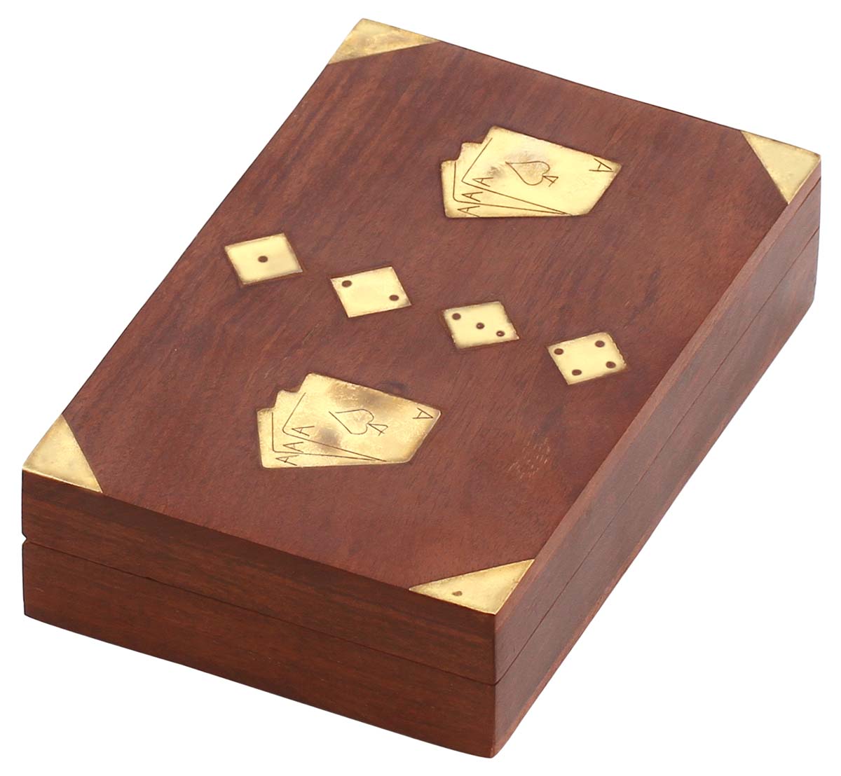  Tricky Box- Handmade 7” Wooden Playing Cards and Dice Storage Box with 3 Slots & Brass Inlays  - Buy in Bulk Wholesale