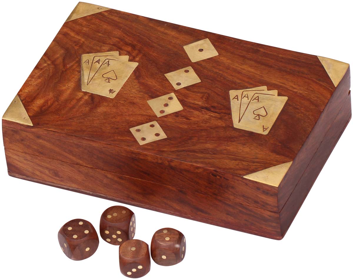  Tricky Box- Handmade 7” Wooden Playing Cards and Dice Storage Box with 3 Slots & Brass Inlays  - Buy in Bulk Wholesale