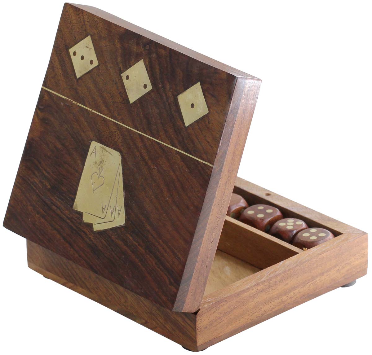 Wholesale Wooden Cards & Dice Box - Bulk Buy 4.6” Playing Cards and Dice Storage Box with Separate Slots for Cards & Dice - Decorative Brass Inlay