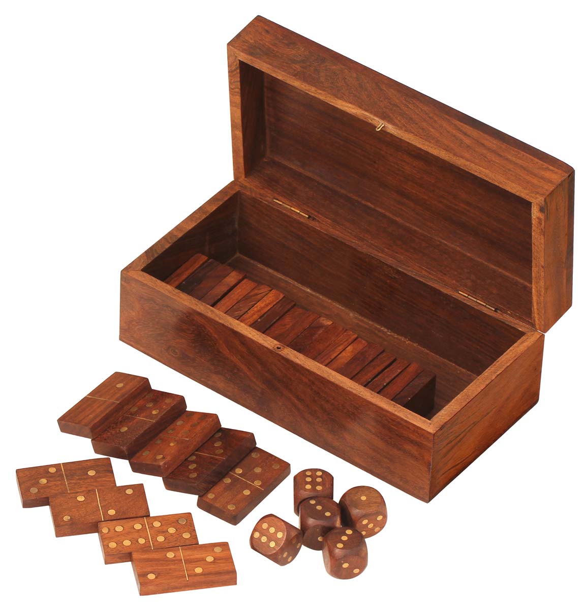  Domino Acts – Handmade 8” Wooden Dominoes and Dice Storage Box with 29 Domino Pieces and 5 Dices  - Buy in Bulk Wholesale