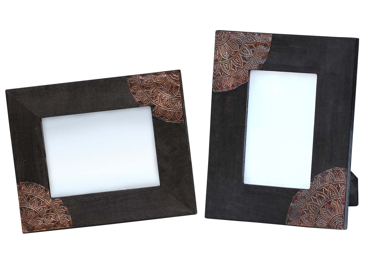 4x6 Inches Black Picture Frame in Bulk - Wholesale Handmade Wood Photo Frame/Picture Holder with Embossed Tin Work on Black - Home Decor Picture Frames from India