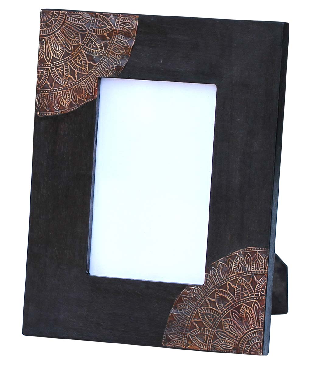 4x6 Inches Black Picture Frame in Bulk - Wholesale Handmade Wood Photo Frame/Picture Holder with Embossed Tin Work on Black - Home Decor Picture Frames from India