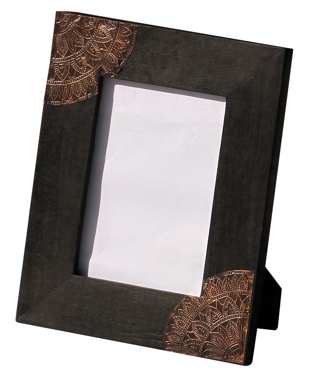 5x7 Inches Black Picture Frame in Bulk - Wholesale Handmade Wood Photo Frame/Picture Holder with Embossed Tin Work on Black - Home Decor Picture Frames from India