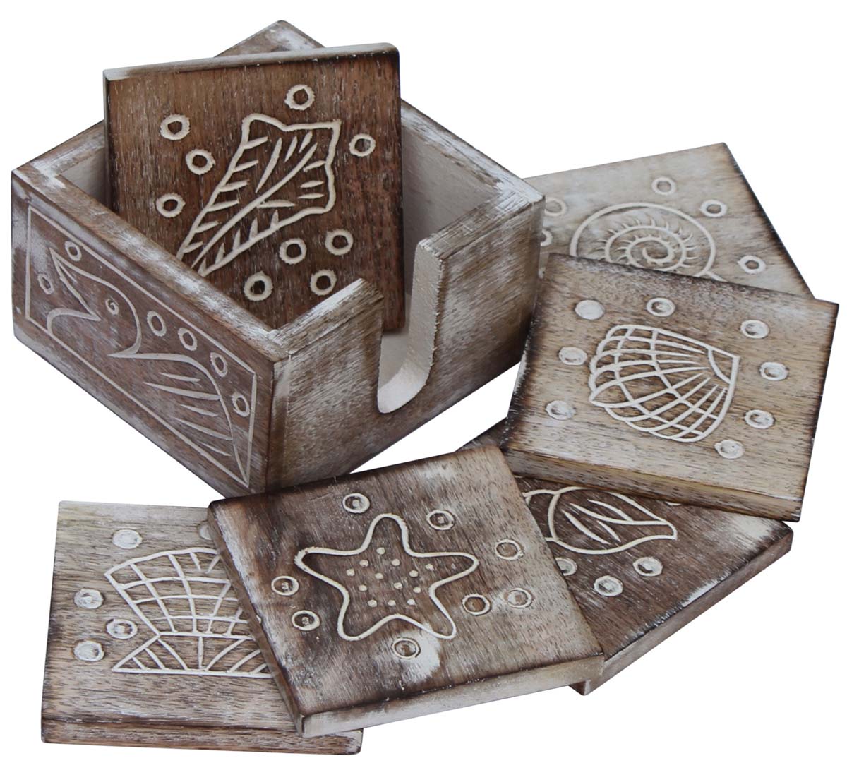 Buy in Bulk Wholesale Wood Coaster Set (of 6) with a Holder in Shabby Chic Decorative Hand-Carved 4.5 inch