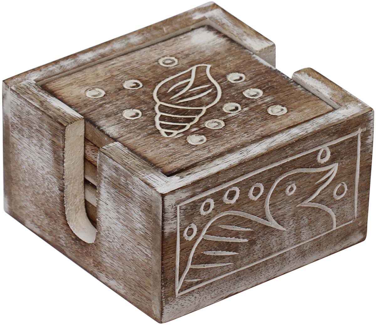 Buy in Bulk Wholesale Wood Coaster Set (of 6) with a Holder in Shabby Chic Decorative Hand-Carved 4.5 inch