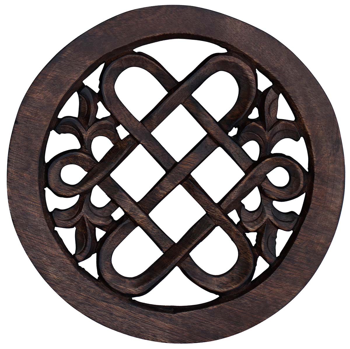 Buy in Bulk Wholesale Wood Trivet 7” Round Dark Brown Rustic-Look Burnished Finish - Hand Carved Decorative Fleur De Lis & Curvy Maze Knots - Kitchen/Dining Table Accessories