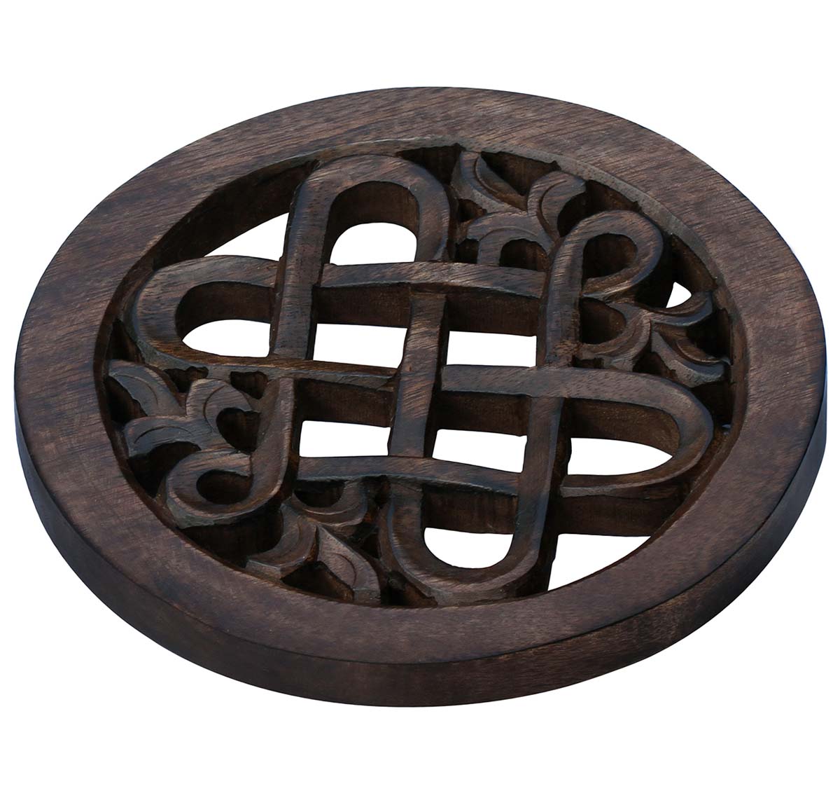 Buy in Bulk Wholesale Wood Trivet 7” Round Dark Brown Rustic-Look Burnished Finish - Hand Carved Decorative Fleur De Lis & Curvy Maze Knots - Kitchen/Dining Table Accessories