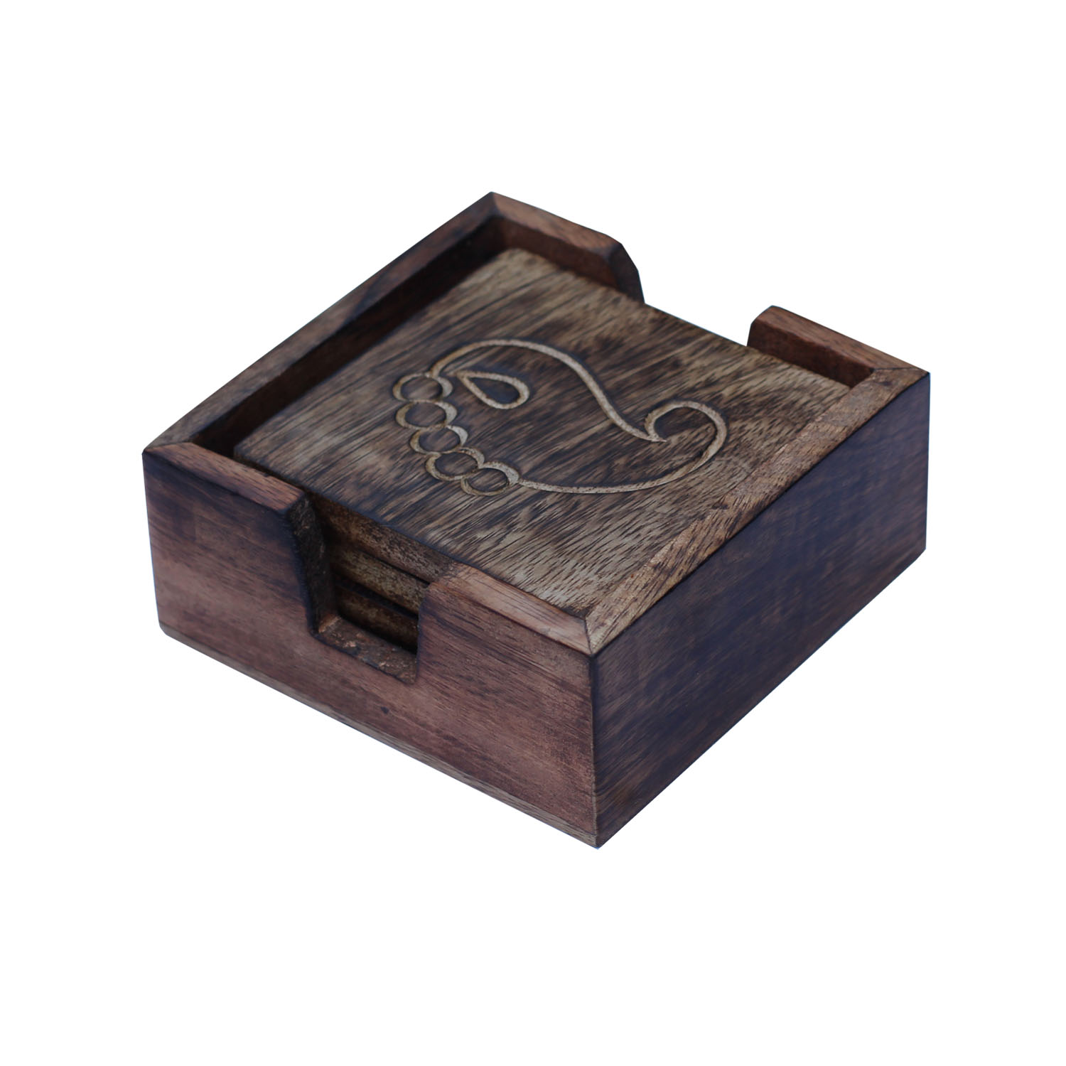 Buy in Bulk Wholesale Handmade Rustic-Look Set of 4 Coasters with Holder in Wood - Table-top Accessories/Home/Office Decor Essentials