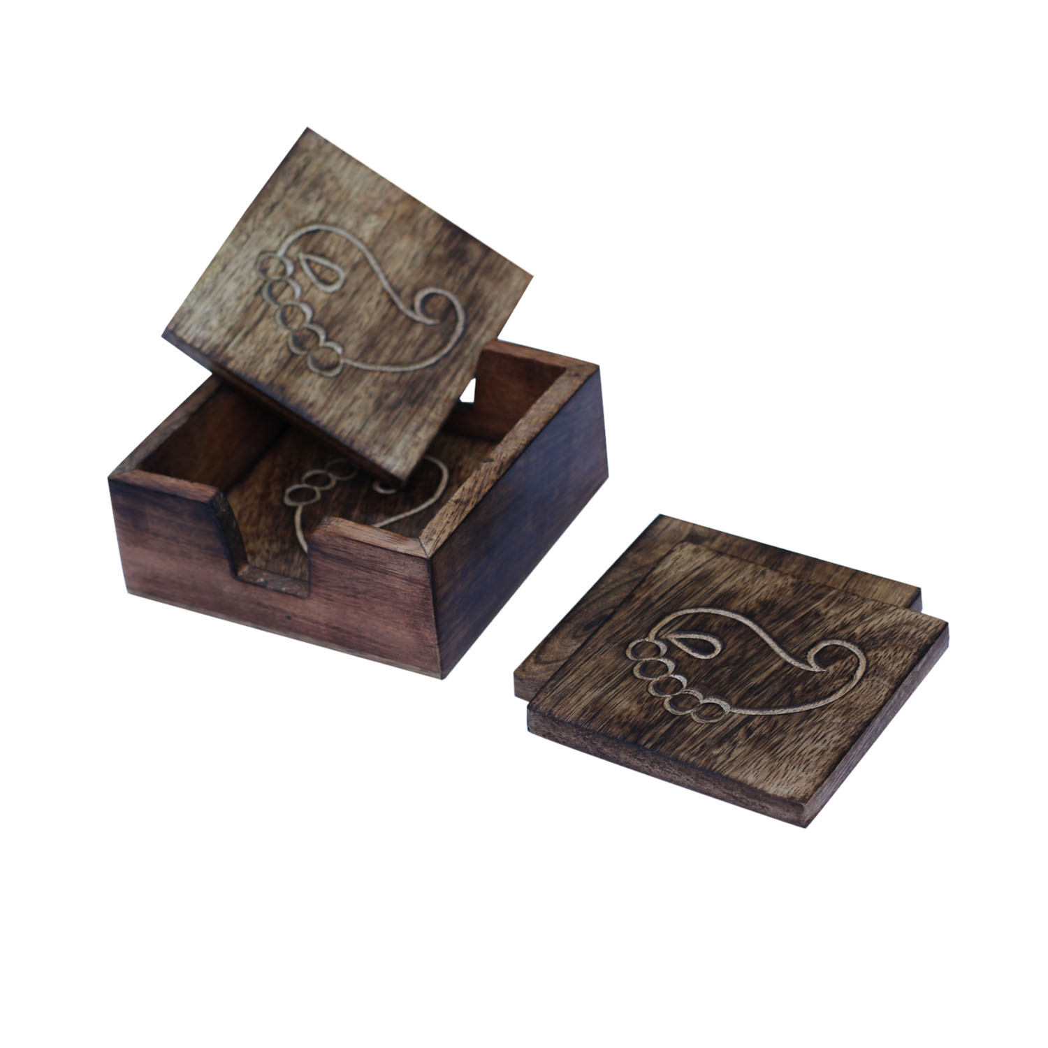 Buy in Bulk Wholesale Handmade Rustic-Look Set of 4 Coasters with Holder in Wood - Table-top Accessories/Home/Office Decor Essentials