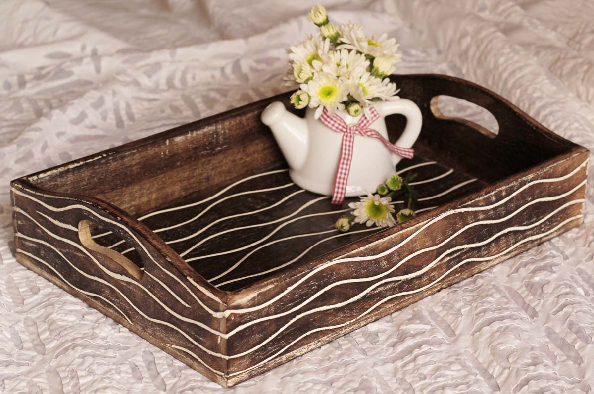 Bulk Wholesale 10 x 15” Serving Tray in Wood - Hand-Carved Wavy Pattern - Distressed Burnished Finish Rustic-Look - Kitchen Essentials/Table Top Accessories from India