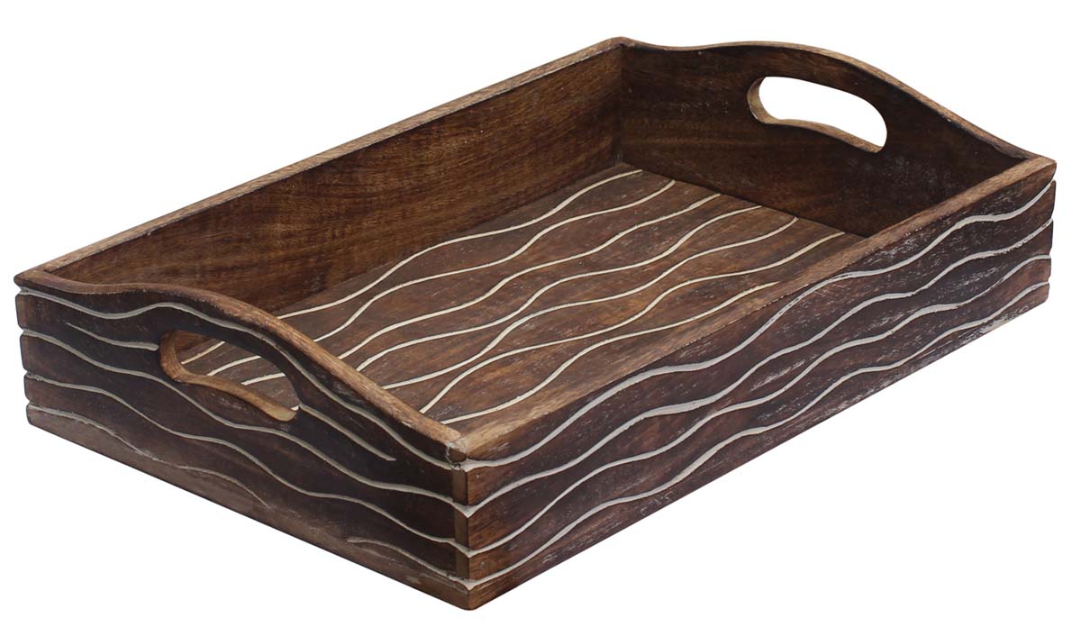Bulk Wholesale 10 x 15” Serving Tray in Wood - Hand-Carved Wavy Pattern - Distressed Burnished Finish Rustic-Look - Kitchen Essentials/Table Top Accessories from India
