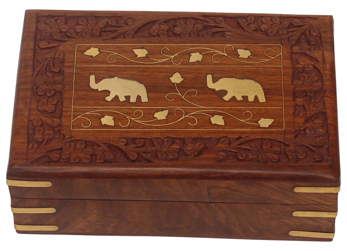 Wholesale 6.8 x 4.8” Wooden Jewelry Box in Bulk - Handmade Rectangular Wood Jewelry Box/Trinket Box/Keepsake Box with Brass Elephant Motifs from India