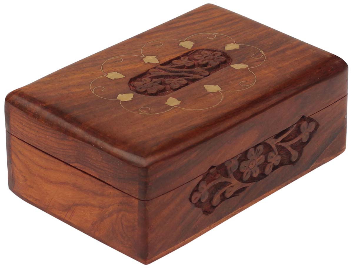 Wholesale Wooden Jewelry Box - Bulk Buy Handmade Wood Storage Box/Keepsake Box/Trinket Box with Intricate Floral Pattern & Brass Inlay from Wholesale Distributors in India