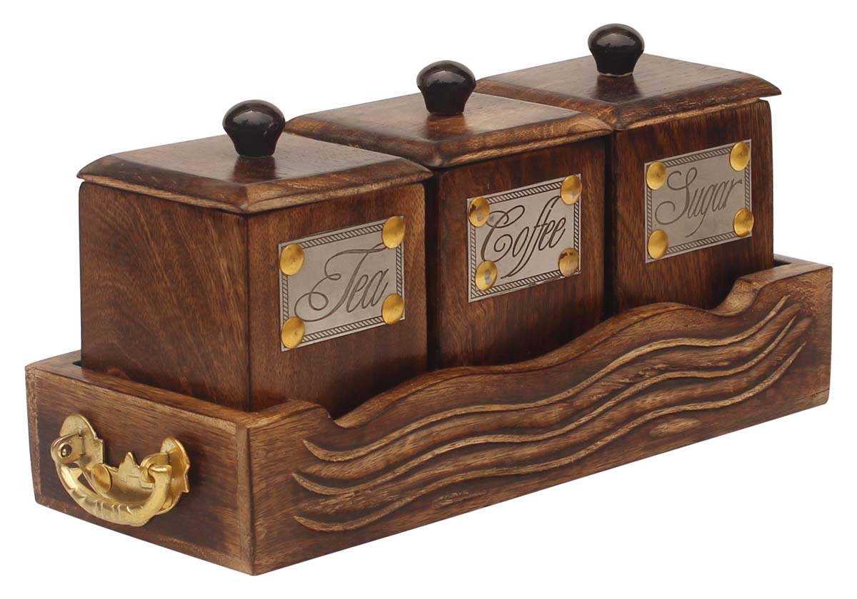 Bulk Wholesale Handcrafted Wooden Antique Look Tea Coffee Sugar 3 Canister Set in Wooden Tray – Container with Lids – Kitchen Storage & Jars