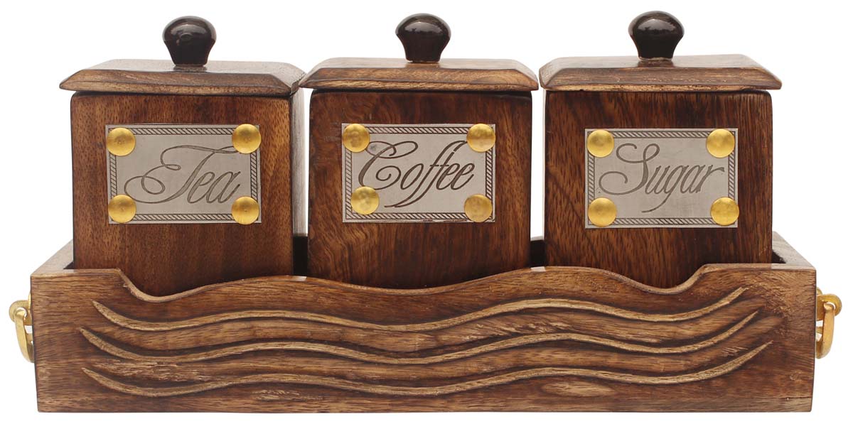 Bulk Wholesale Handcrafted Wooden Antique Look Tea Coffee Sugar 3 Canister Set in Wooden Tray – Container with Lids – Kitchen Storage & Jars